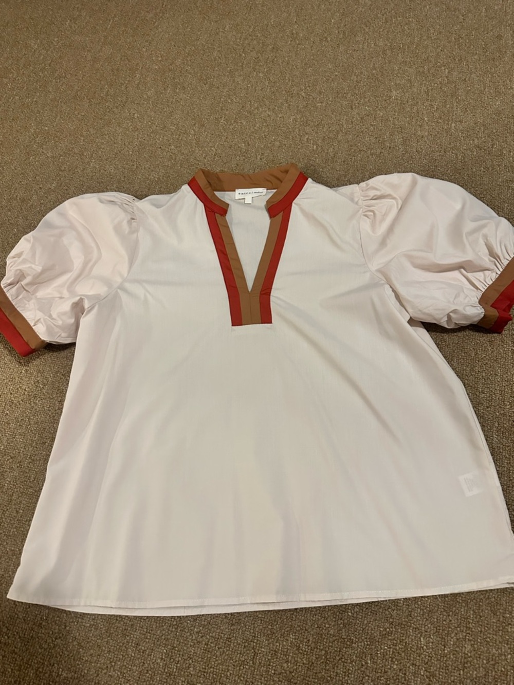 Entro Contrast-Trim Puff Sleeve Blouse in Light Pink with Rust & Tan Trim NWOT